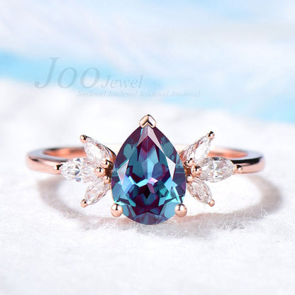 Cluster Alexandrite Ring Rose Gold Teardrop Alexandrite Engagement Ring Marquise CZ Diamond Bridal Ring Birthday Gift June Birthstone  Ring