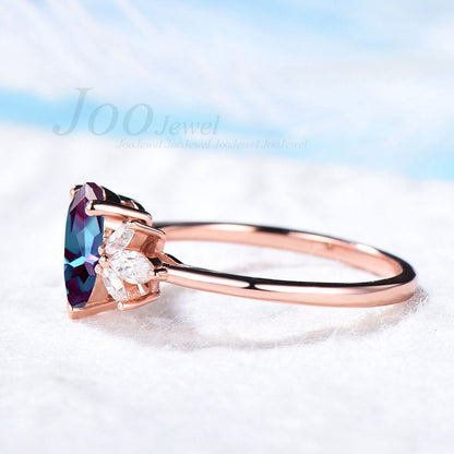 Cluster Alexandrite Ring Rose Gold Teardrop Alexandrite Engagement Ring Marquise CZ Diamond Bridal Ring Birthday Gift June Birthstone  Ring
