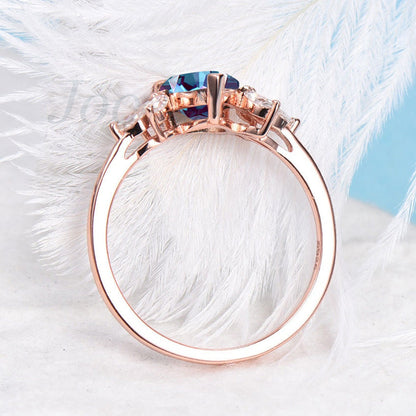 Cluster Alexandrite Ring Rose Gold Teardrop Alexandrite Engagement Ring Marquise CZ Diamond Bridal Ring Birthday Gift June Birthstone  Ring