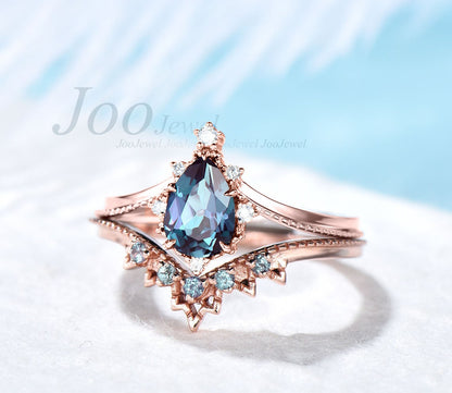 Pear Shaped June Birthstone Wedding Ring Alexandrite Engagement Ring Unique Solitaire Ring Alexandrite Bridal Set Milgrain Alexandrite Band