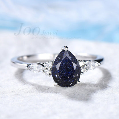 Blue Sandstone Ring 1.25ct Sterling Silver Ring Pear Blue Goldstone Ring Galaxy Gemstone Jewelry Personalized Promise Ring Fine Jewelry