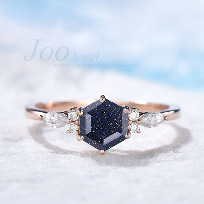 Hexagon Blue Sandstone Engagement Ring Set For Women Vintage Black Diamond  Promise Ring Art Deco Rose Gold Silver Moissanites Wedding Ring