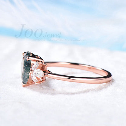 Pear Natural Moss Agate Ring Green Gemstone Ring Cluster Marquise Dainty Pinky Promise Ring Rose Gold Teardrop Agate Crystal Ring for Women