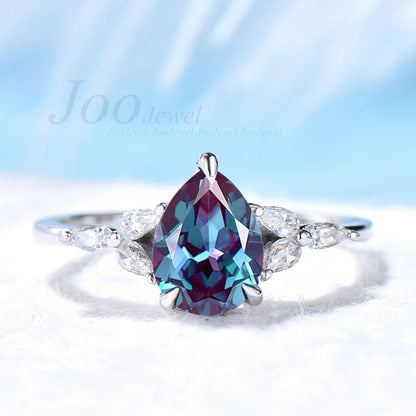 Pear Alexandrite Engagement Ring Set Marquise Moissanite Ring Lace Milgrain Alexandrite Wedding Band June Birthstone Ring Color Change Stone