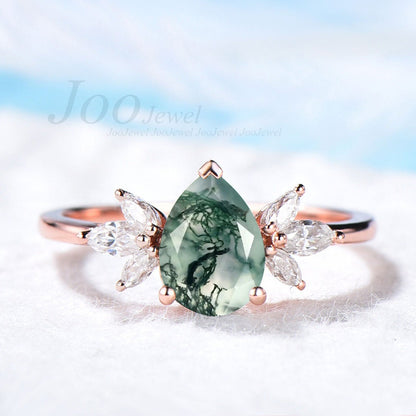 Pear Natural Moss Agate Ring Green Gemstone Ring Cluster Marquise Dainty Pinky Promise Ring Rose Gold Teardrop Agate Crystal Ring for Women
