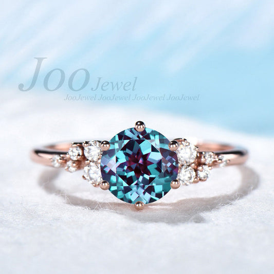 Sterling June Birthstone Ring Round Alexandrite Engagement Ring Rose Gold Wedding Ring Vintage Anniversary Ring Color Change Gemstone Ring