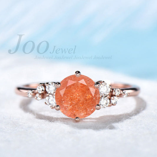 Natural Sunstone Ring Sterling Round Cut 1ct. Sunstone Engagement Bridal Ring Orange Gemstone Birthday Gift for Women Girls Lucky Stone Ring