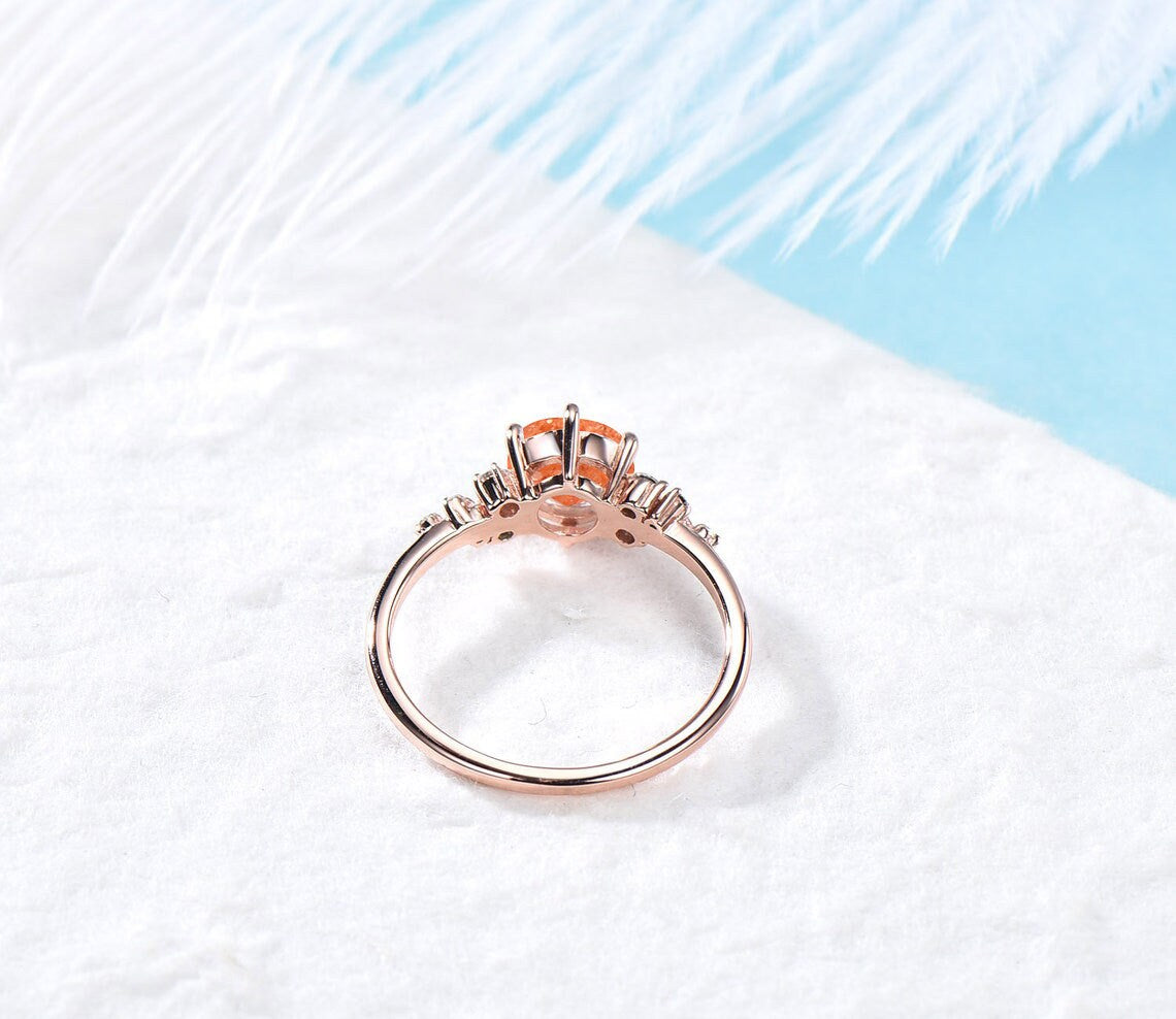 Natural Sunstone Ring Sterling Round Cut 1ct. Sunstone Engagement Bridal Ring Orange Gemstone Birthday Gift for Women Girls Lucky Stone Ring