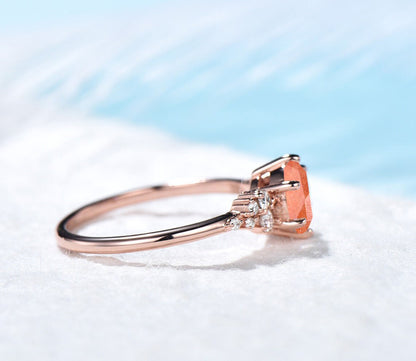 Natural Sunstone Ring Sterling Round Cut 1ct. Sunstone Engagement Bridal Ring Orange Gemstone Birthday Gift for Women Girls Lucky Stone Ring