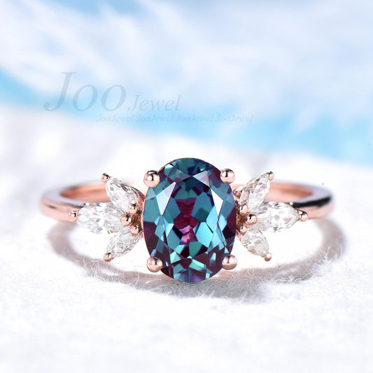 Alexandrite Engagement Ring Rose Gold Oval Ring June Birthstone Color Change Stone Wedding Anniversary Jewelry One of a Kind Ring for Women