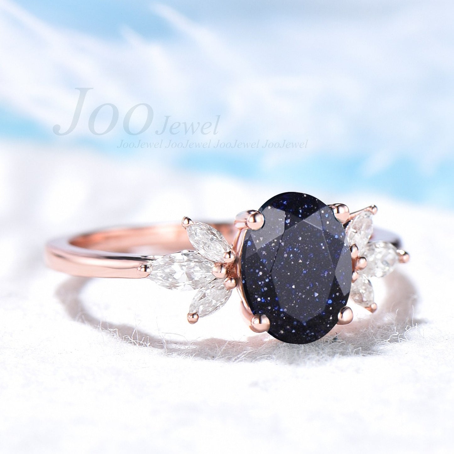 1.5ct Oval Blue Sandstone Ring Galax Gemstone Ring Energy Healing Crystal Jewelry Blue Goldstone Engagement Ring Women Cluster Ring Vintage