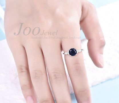Sterling Silver Galaxy Blue Sandstone Ring Round Cut Wedding Gemstone Jewelry Vintage Cluster Engagement Ring Astronomy Gift for Her Women