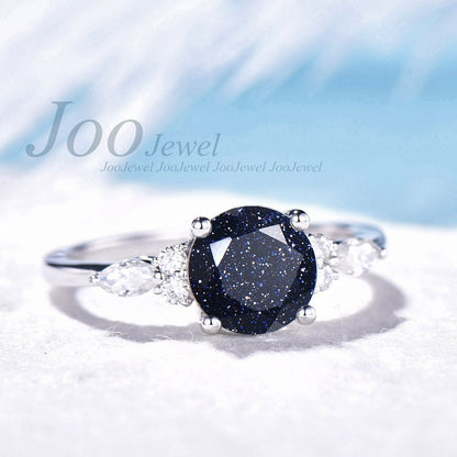 Sterling Silver Galaxy Blue Sandstone Ring Round Cut Wedding Gemstone Jewelry Vintage Cluster Engagement Ring Astronomy Gift for Her Women