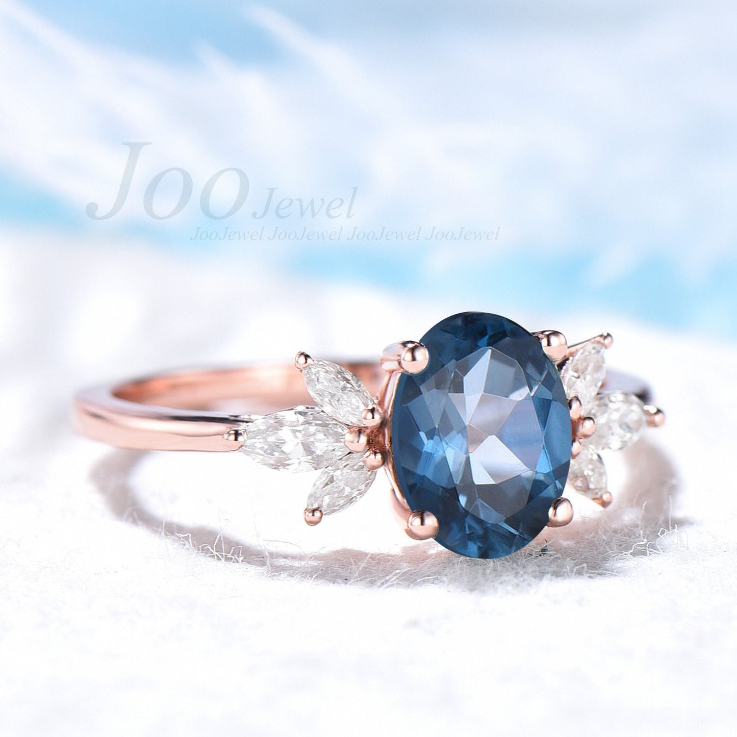 1.5CT Oval Nature London Blue Topaz Ring Rose Gold Alternative London Blue Engagement Ring December Birthstone Genuine Gemstone Ring Her