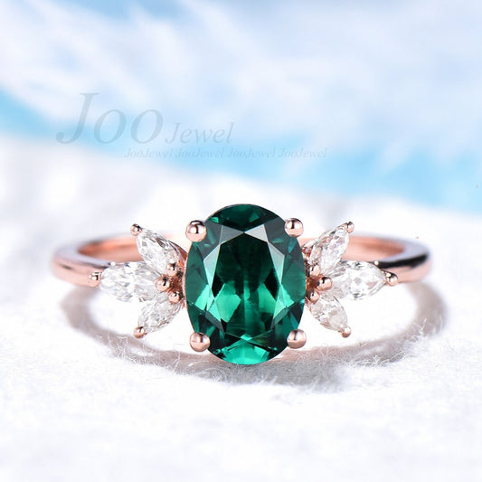 Emerald and Diamond Cluster Ring Sterling Silver Green Gemstone Ring Oval Emerald Engagement Ring May Birthstone Ring Anniversary Gift Women