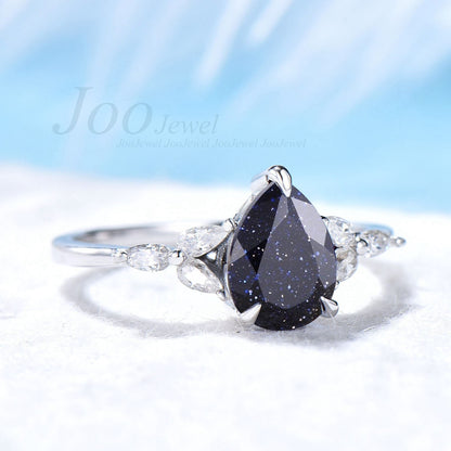 Blue Sandstone Ring 1.25ct Sterling Silver Ring Pear Cut Galaxy Ring Vintage Teardrop Blue Sandstone Engagement Rings Fine Jewelry for Women