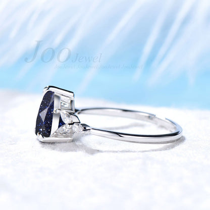 Blue Sandstone Ring 1.25ct Sterling Silver Ring Pear Cut Galaxy Ring Vintage Teardrop Blue Sandstone Engagement Rings Fine Jewelry for Women