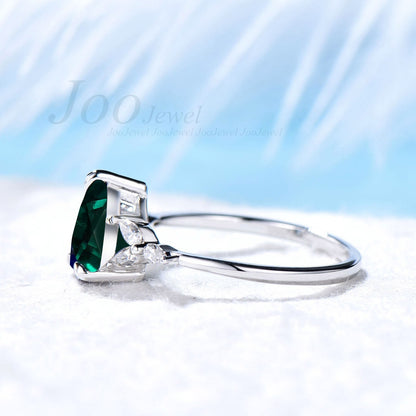 Pear Cut Emerald Engagement Ring Vintage Dainty Sterling Silver Emerald Wedding Ring May Birthstone Ring Anniversary Jewelry Gift Women