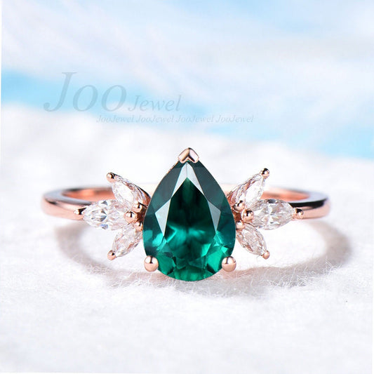 Emerald Ring Pear Green Gemstone Ring Marquise Cluster Ring May Birthstone Jewelry Anniversary Promise Gift Vintage Personalized Bridal Ring