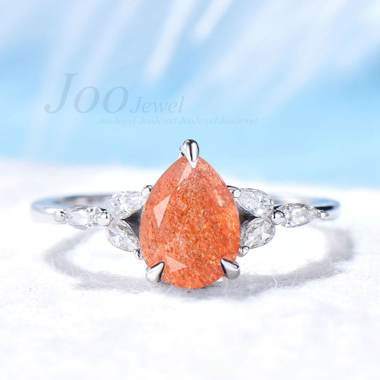 Nature Sunstone Ring Sterling Silver Ring Pear Shaped Sunstone Engagement Rings Unique Real Gems Women Orange Gem Ring Crystal Healing Ring