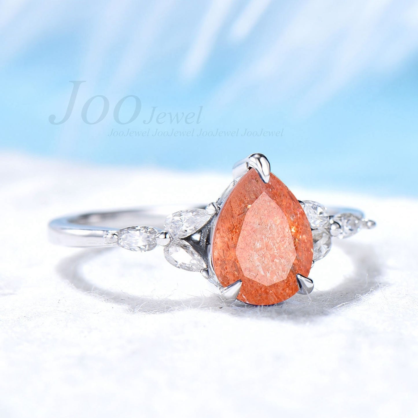 Nature Sunstone Ring Sterling Silver Ring Pear Shaped Sunstone Engagement Rings Unique Real Gems Women Orange Gem Ring Crystal Healing Ring