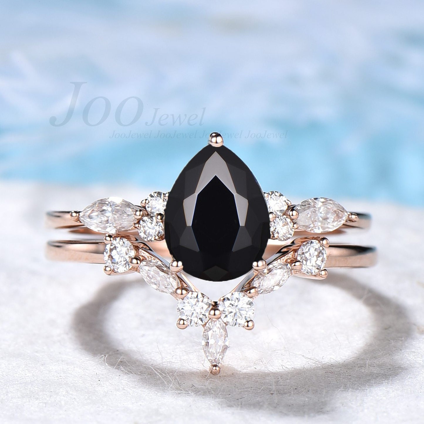 Pear Ring Set Natural Black Onyx Ring Women Black Gemstone Heal Ring Sterling Silver Black Stone Engagement Ring Set Curve Wedding Band