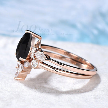 Pear Ring Set Natural Black Onyx Ring Women Black Gemstone Heal Ring Sterling Silver Black Stone Engagement Ring Set Curve Wedding Band