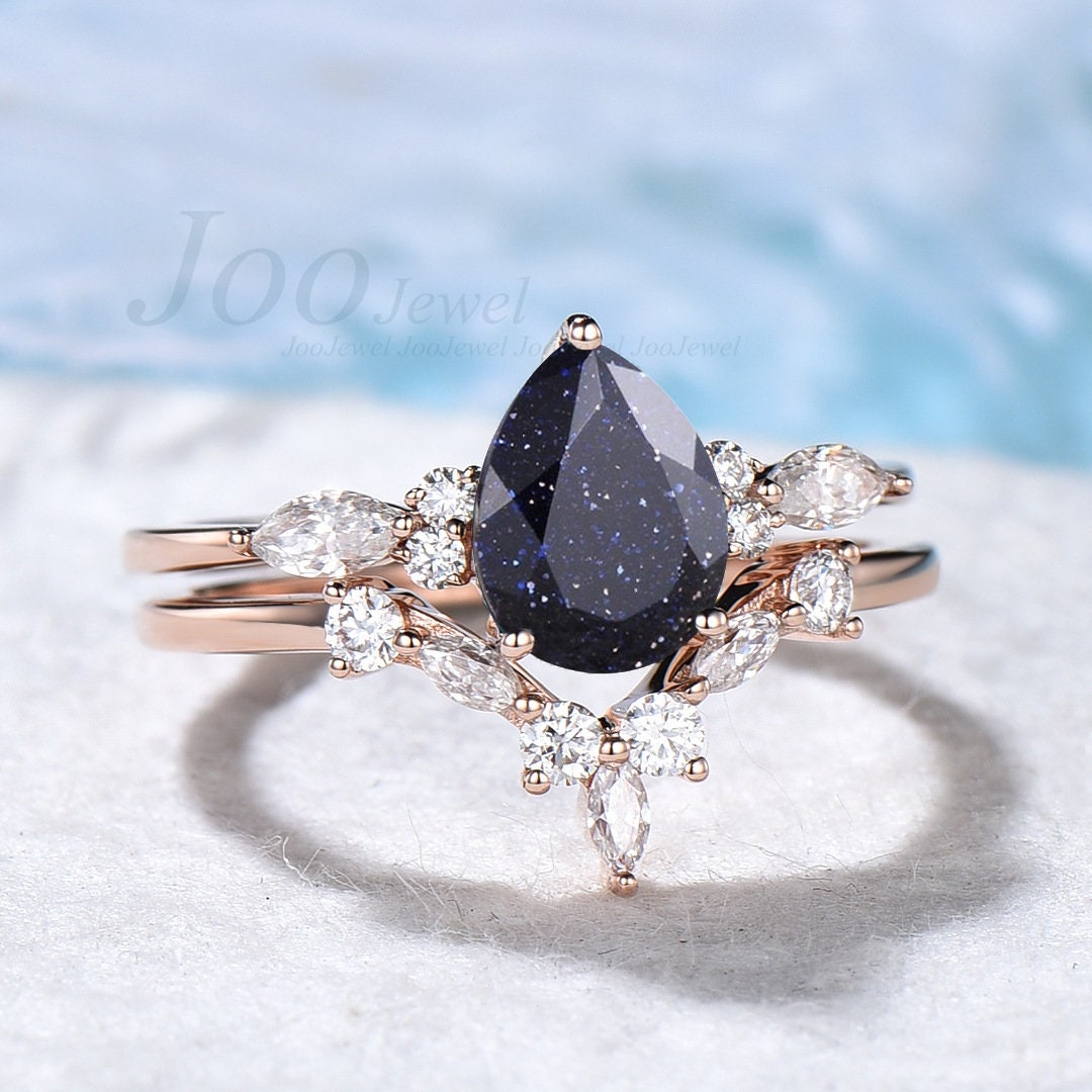 Blue Sandstone Ring Set Sterling Silver Pear Ring Set Women Blue Gemstone Jewelry Vintage Diamond Engagement Ring Set Galaxy Starry Sky Ring