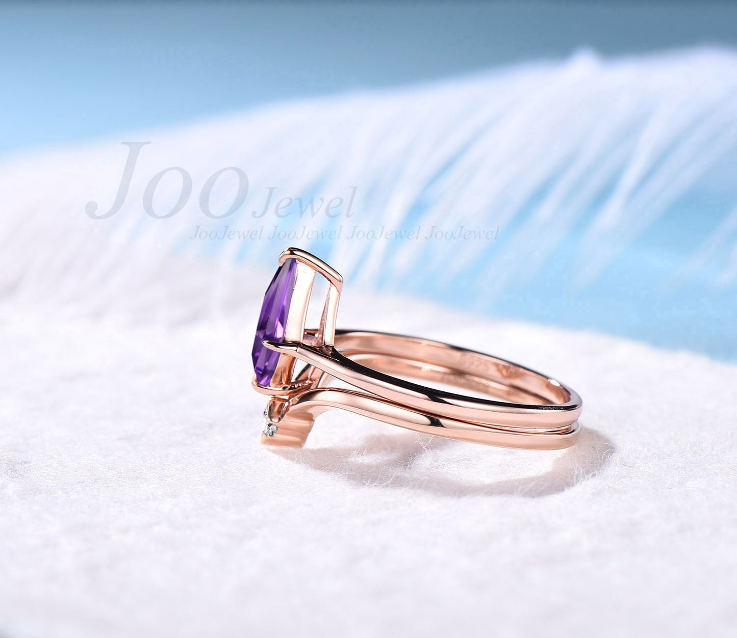 Unique 1CT Kite Cut Purple Engagement Ring Set Natural Amethyst Ring Set Purple Gemstone Ring Set Plain Solitaire Amethyst Bridal Ring Set