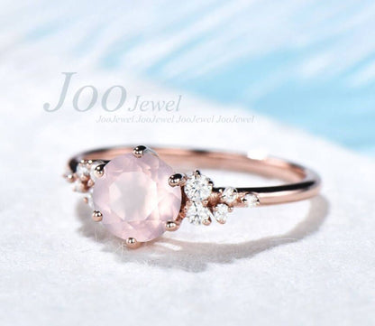 Pink Crystal Ring 1ct Round Natural Rose Quartz Engagement Ring Valentine's Day Gift Promise Ring Wedding Gemstone Ring Dainty Healing Ring