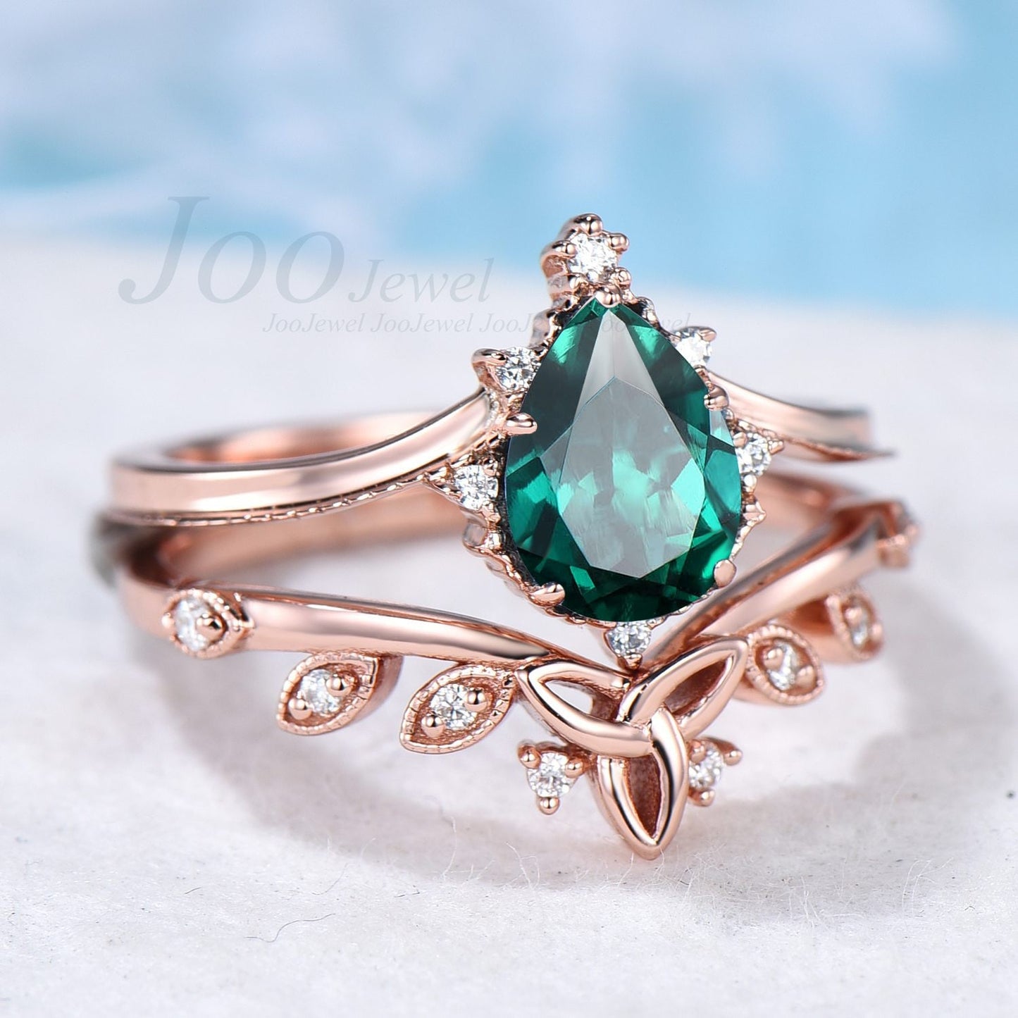 Emerald Ring Set Sterling Silver Antique Green Gemstone Ring Pear Engagement Ring Set Celtic Wedding Band May Birthstone Jewelry Bridal Ring