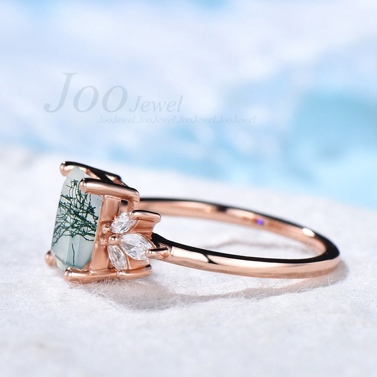 Emerald Engagement Ring Natural Moss Agate Ring Sterling Silver Cluster Promise Ring Green Gemstone Ring Statement Ring Women Birthday Gift