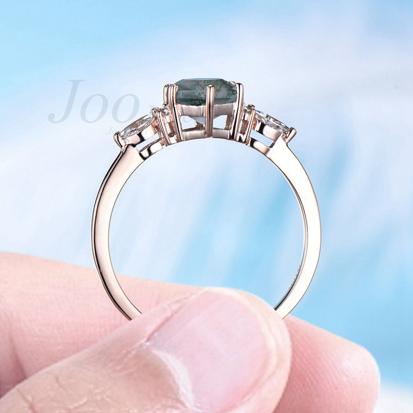 Hexagon Natural Moss Agate Engagement Ring Vintage Hexagon Ring Agate Ring for Women 7 Stone Ring Green Gemstone Ring Anniversary Gift