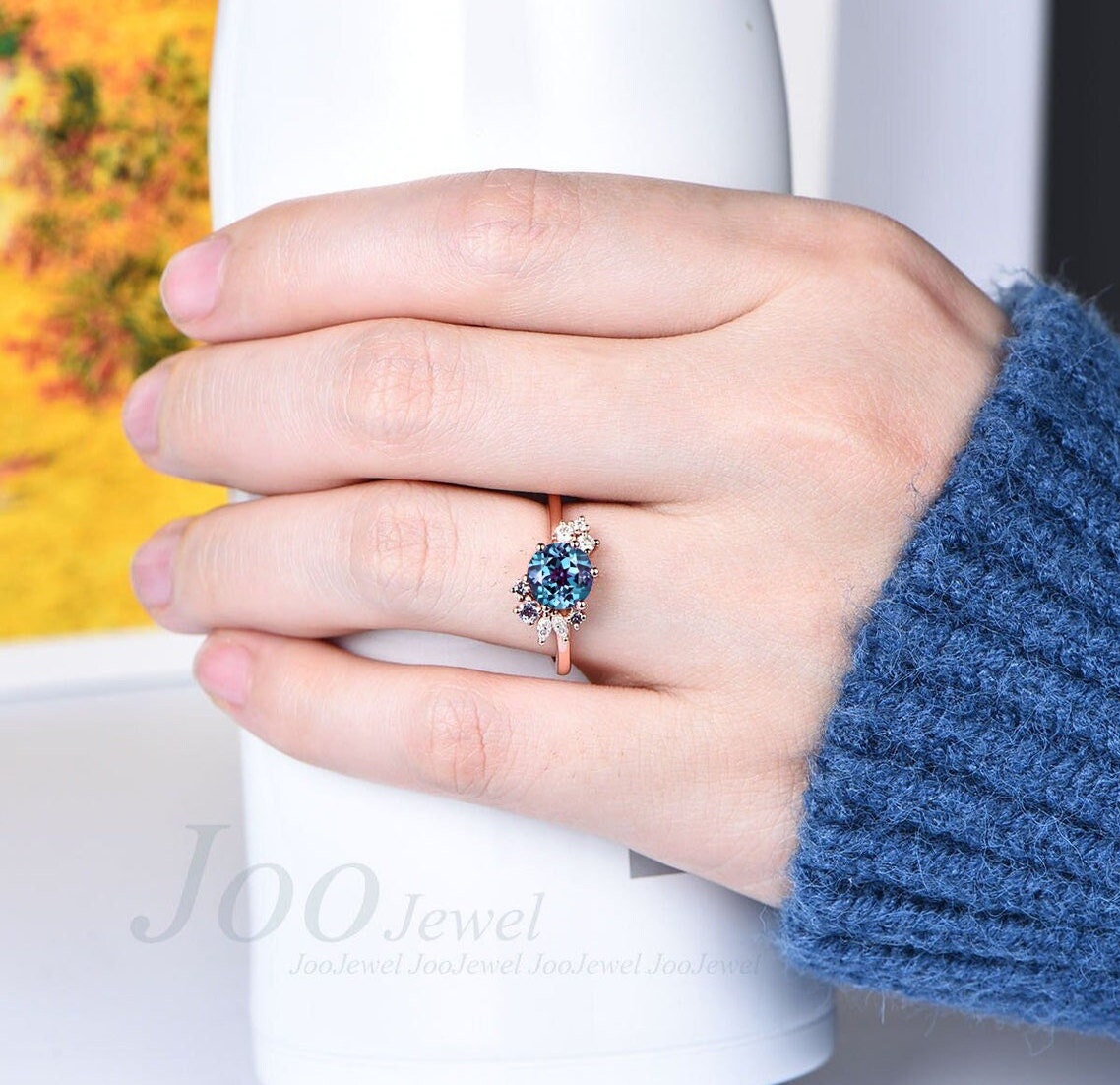 Round Alexandrite Engagement Ring Cluster Alexandrite Ring Wedding Ring Vintage Moissanite Cluster Bridal Ring Promise Ring Gift for Her