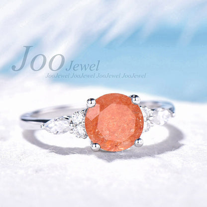 Round Cut Sunstone Ring Silver Natural Gemstone Heal Crystal Ring 7mm Orange Sunstone Engagement Rings Energy Ring Energy Jewelry Gift Women