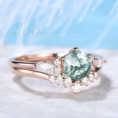 Hexagon Moss Agate Ring Set For Women Vintage 7 Stone Green Promise Ring Art Deco Ring  Rose Gold Silver Moissanites Curve Wedding Band Set
