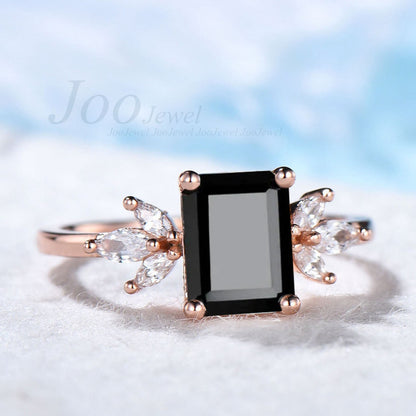 Sterling Silver Natural Black Onyx Engagement Ring Emerald Cut Black Diamond Ring Cluster Ring Black Gemstone Promise Ring Anniversary Gift