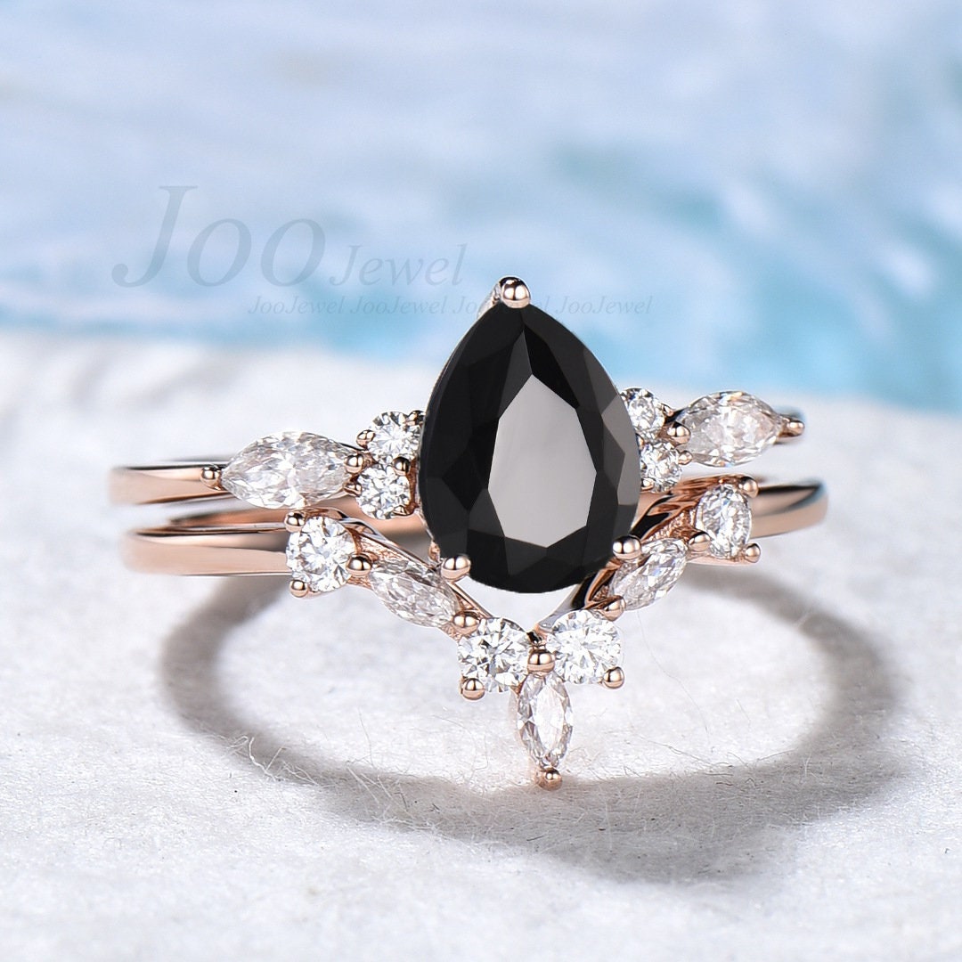 Pear Ring Set Natural Black Onyx Ring Women Black Gemstone Heal Ring Sterling Silver Black Stone Engagement Ring Set Curve Wedding Band