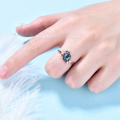 Cluster Alexandrite Engagement Ring Oval Alexandrite Cluster Wedding Ring Unique Diamond Moissanite Bridal Ring Promise Ring Gift for Her