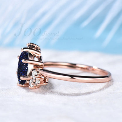 Oval Galaxy Blue Sandstone Ring Black Diamond Cluster Engagement Ring Rose Gold Blue Goldstone Ring Moissanites Wedding Ring Gift for Her