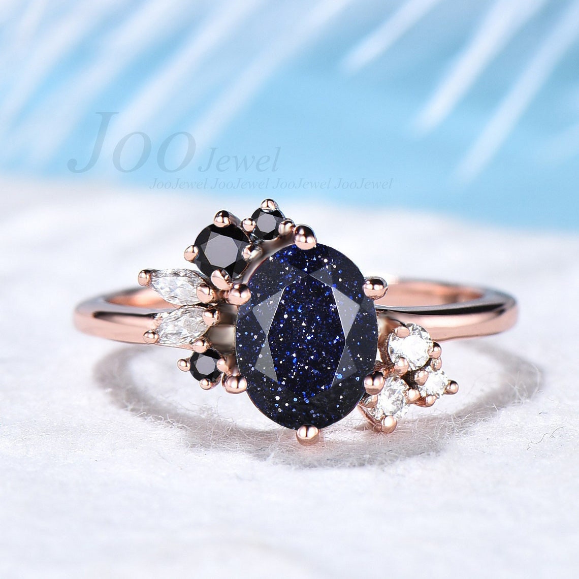 Oval Galaxy Blue Sandstone Ring Black Diamond Cluster Engagement Ring Rose Gold Blue Goldstone Ring Moissanites Wedding Ring Gift for Her