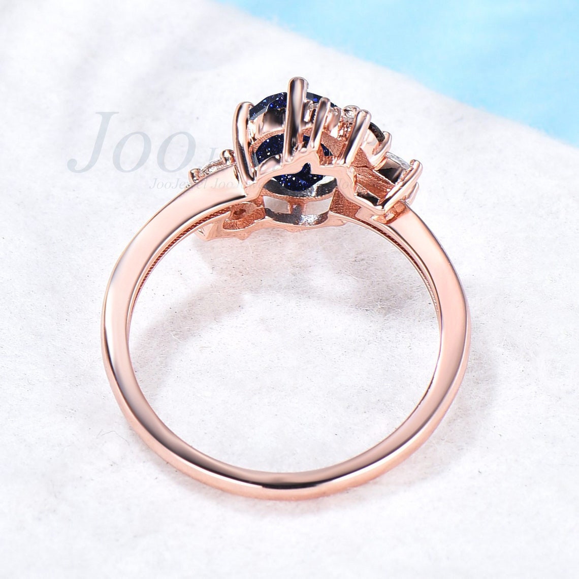 Oval Galaxy Blue Sandstone Ring Black Diamond Cluster Engagement Ring Rose Gold Blue Goldstone Ring Moissanites Wedding Ring Gift for Her
