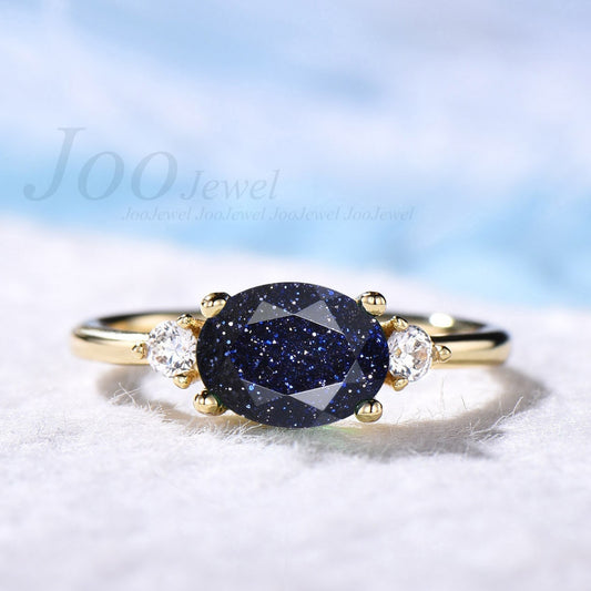 Oval blue sandstone engagement ring three stone vintage unique east to west engagement ring 14k gold silver moissanite wedding ring women