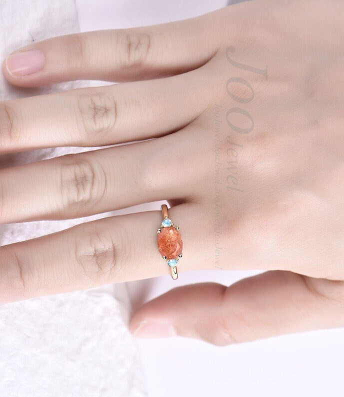 Oval Cut Natural Moonstone Sunstone Ring East West Ring Oval Orange Gemstone Ring Three Stone Engagement Ring Minimalist Ring Fine Jewelry