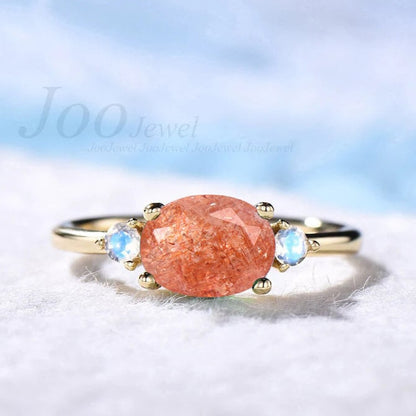 Oval Cut Natural Moonstone Sunstone Ring East West Ring Oval Orange Gemstone Ring Three Stone Engagement Ring Minimalist Ring Fine Jewelry
