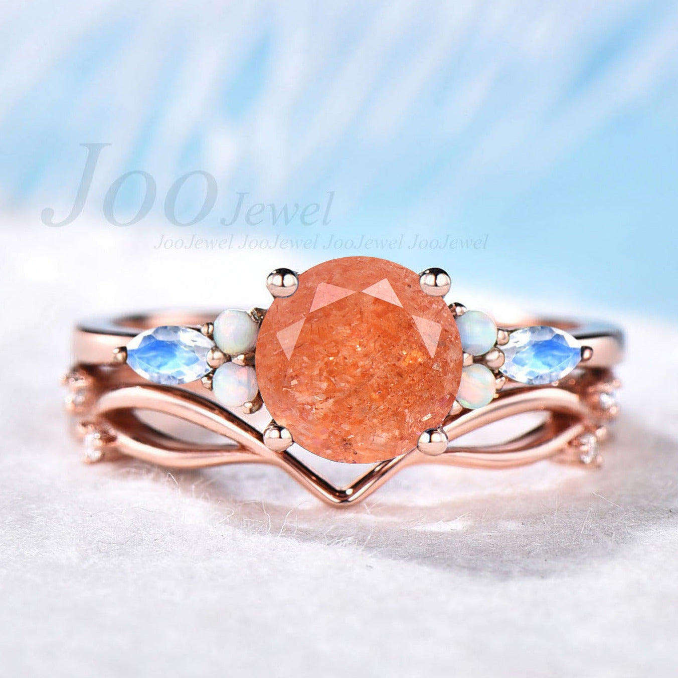 Natural Moonstone Sunstone Engagement Ring Vintage Three-Stone Wedding Ring Round Sunstone Ring Set Real Moonstone Opal Bridal Ring Women