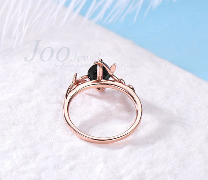 925 Sterling Silver Natural Pear Cut Black Onyx Engagement Ring Vintage Leaf Ring with Black Stone Birthday Gift Black Onyx Wedding Ring