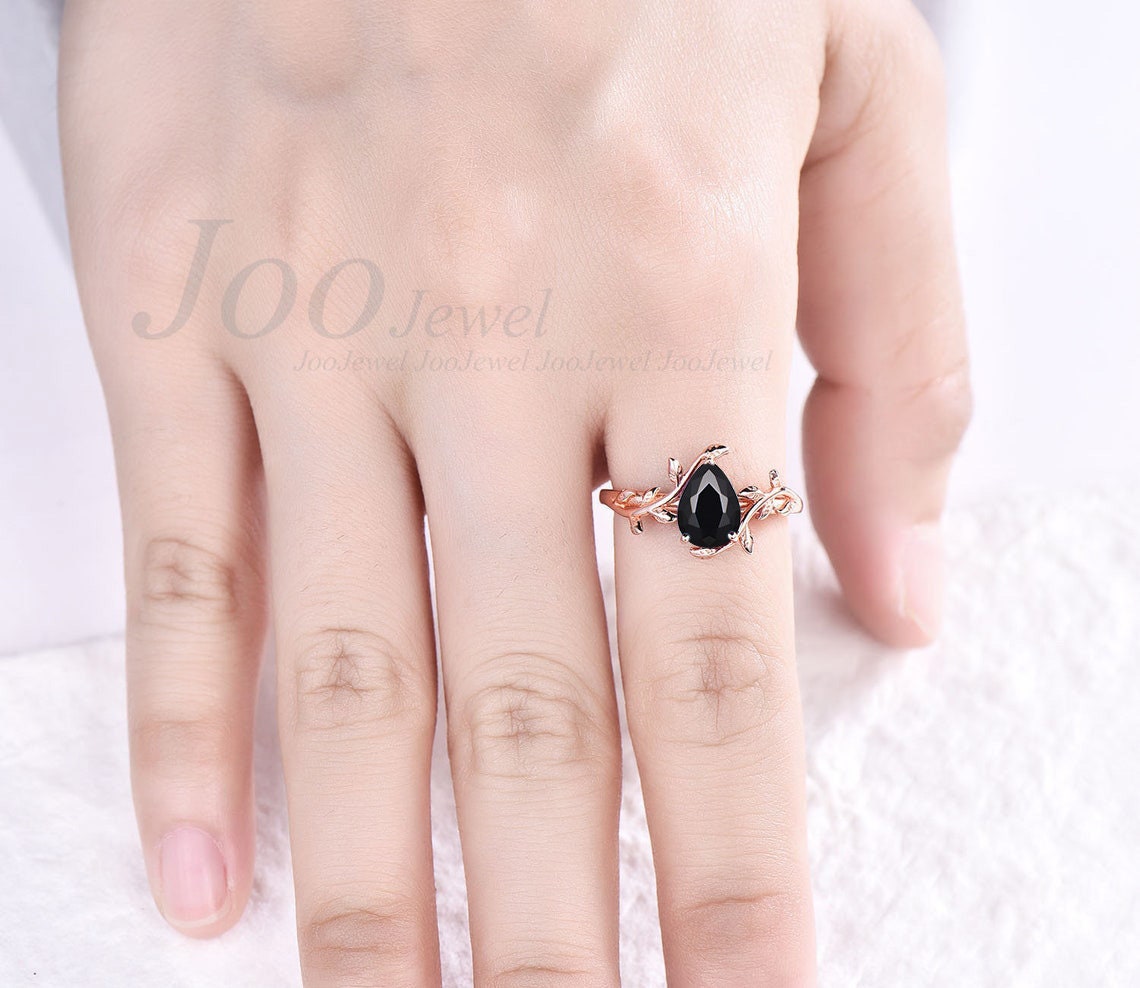 925 Sterling Silver Natural Pear Cut Black Onyx Engagement Ring
