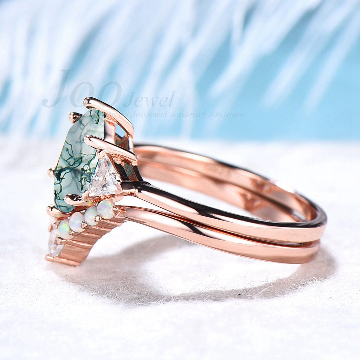 Elongated Hexagon Moss Agate Ring Set Unique Hexagon Ring Set Natural Green Moss Agate Engagement Ring Curve Moissanite Opal Wedding Band
