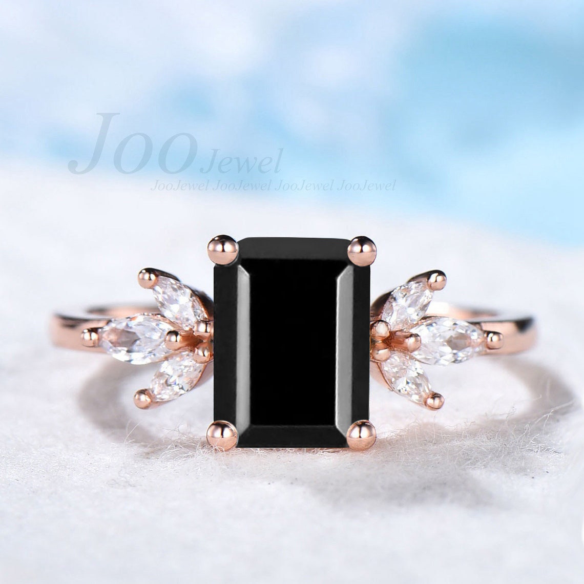 Sterling Silver Natural Black Onyx Engagement Ring Emerald Cut Black Diamond Ring Cluster Ring Black Gemstone Promise Ring Anniversary Gift